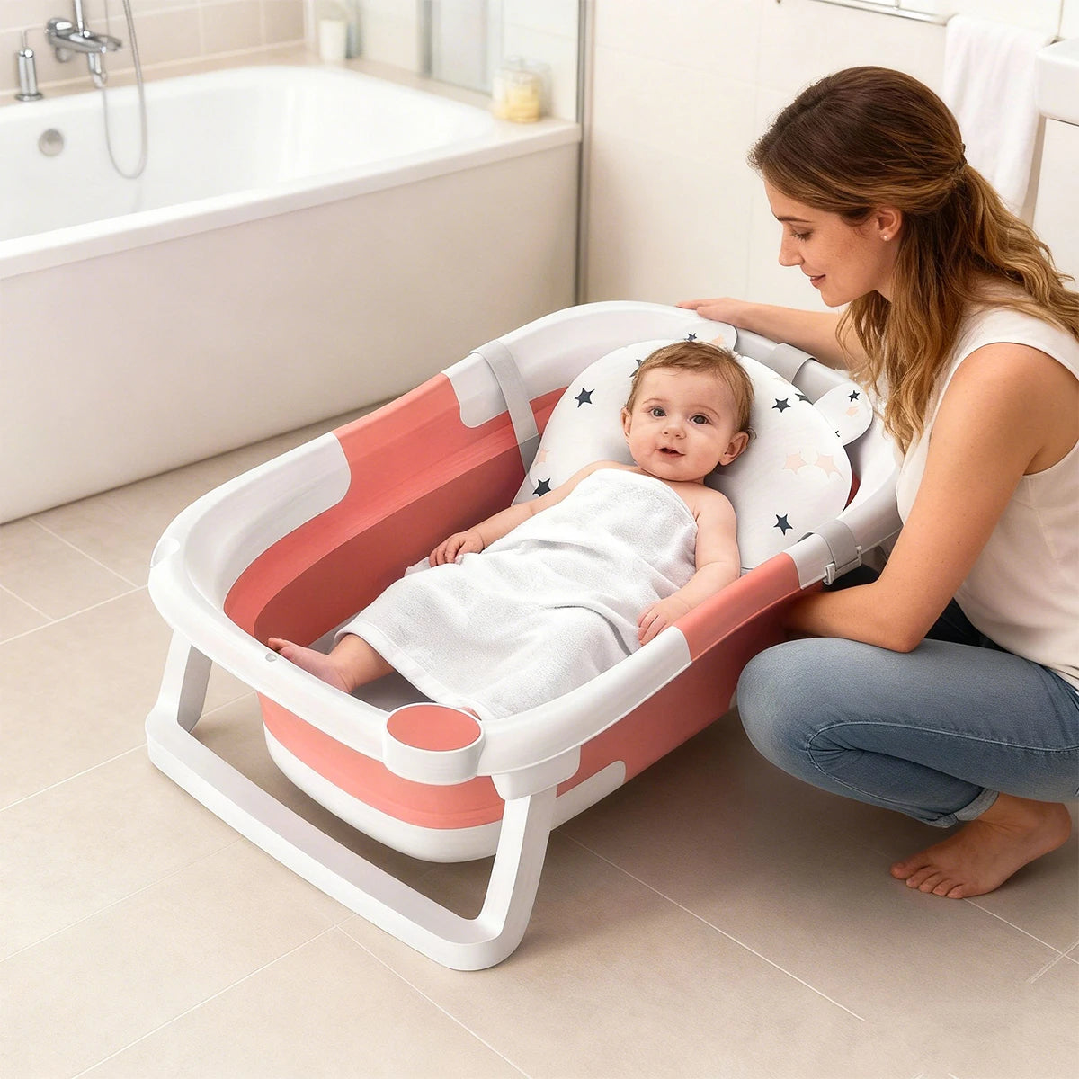 Foldable Baby Bathtub, Baby Bathtub With Soft Cushion And Thermometer, Portable Travel Baby Bathtub